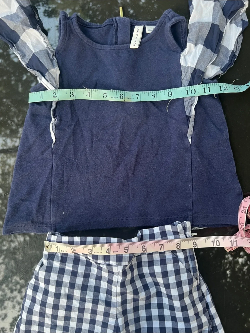 Janie and Jack Girls Size 5 2pc Outfit Set Navy Gingham Top & Shorts Ruffle